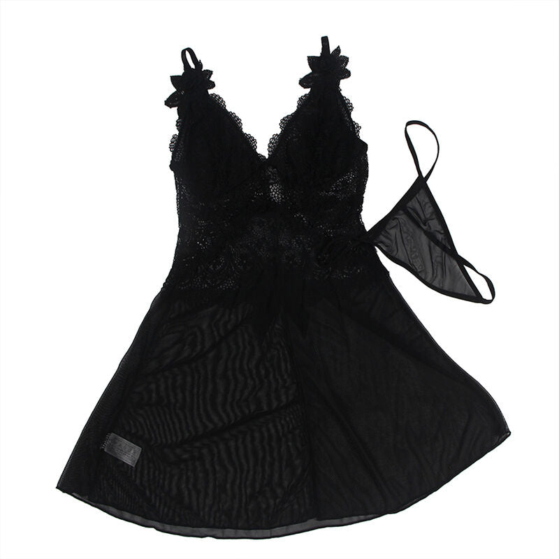 BABYDOLL TULLE FABRIC WITH LACE AND FLOWER DETAIL BLACK