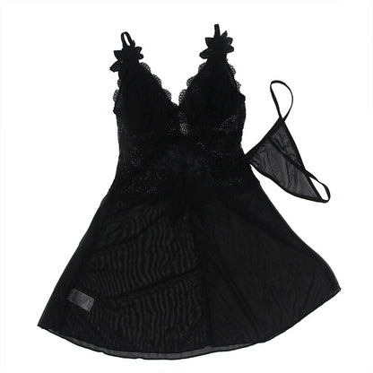 BABYDOLL TULLE FABRIC WITH LACE AND FLOWER DETAIL BLACK